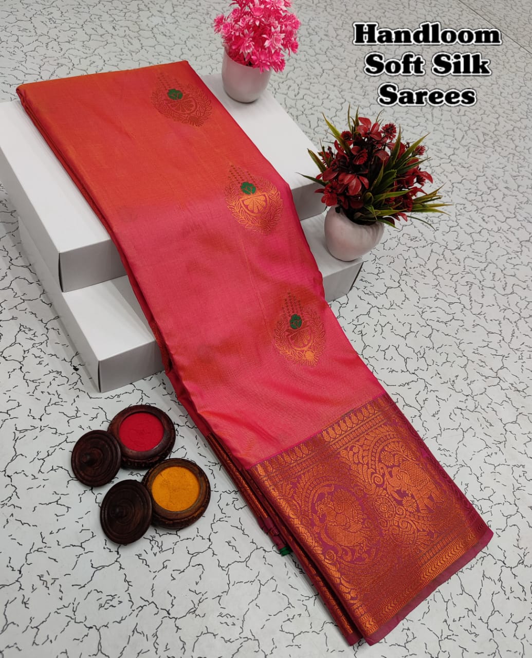 Shop premium Kanchipuram Handloom Soft Silk Saree with copper zari border, rich meena pallu & contrast blouse. Elegant saree for weddings & festivals.